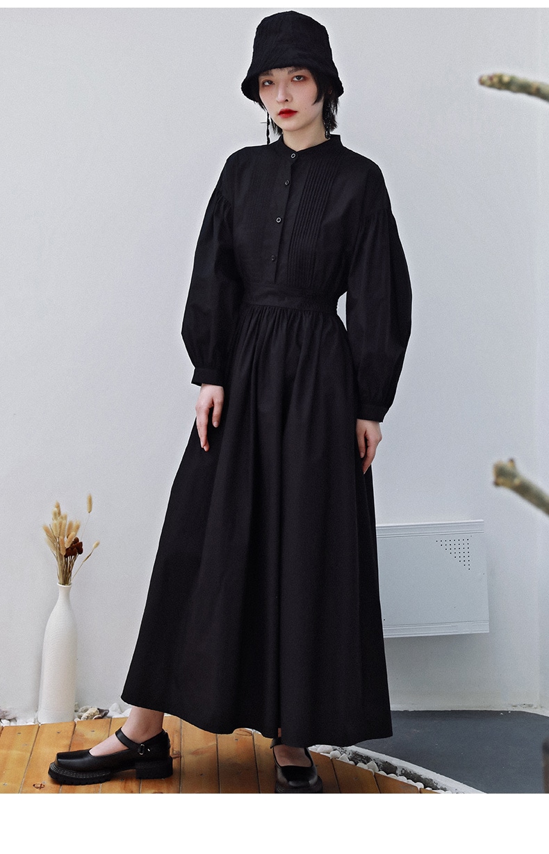 ワンピース ロングスカート マキシ丈 袖あり ボリューム袖 パフスリーブ スタンドカラー Aライン プリーツ ギャザー 綿 異素材MIX 大人可愛い 大人 個性的 クール 無地 20代 30代