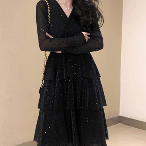 長袖ワンピース ドレス 魅せる ワンピース ミドル丈 袖あり 長袖 Vネック フレア ファスナー