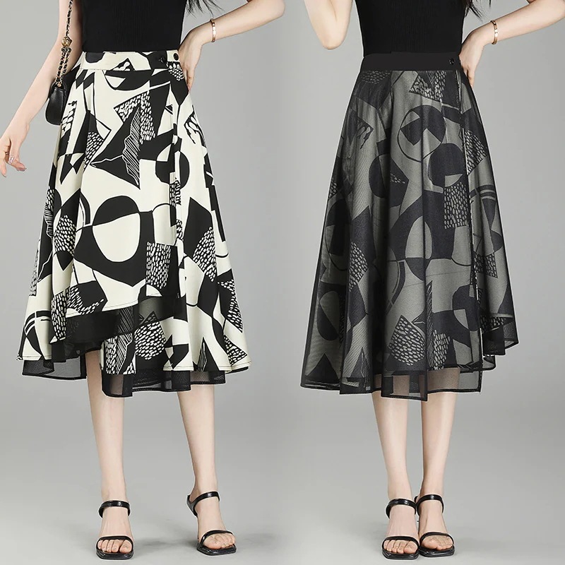 両面着用プリントの不規則なAラインスカート夏の新型の韓国の大きい裾ののプリーツスカートオフィスカジュアル