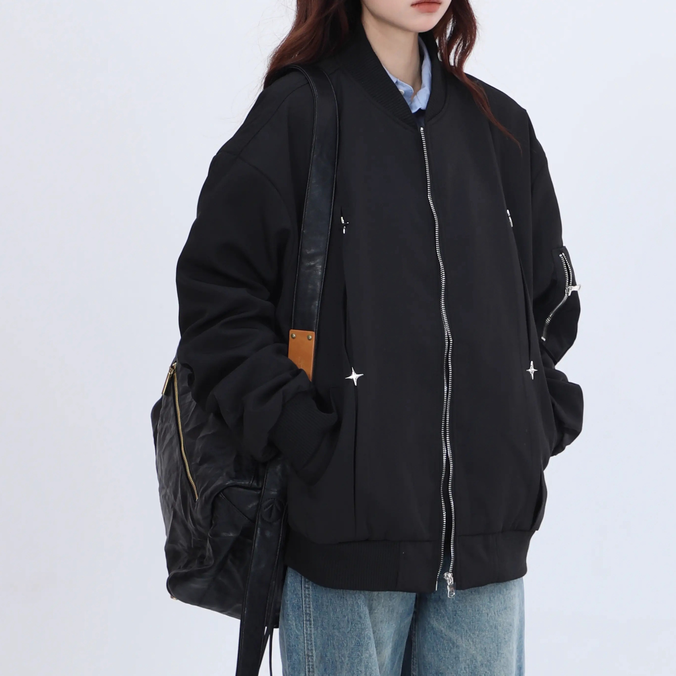 ジップアップブルゾン レディース ジャケット ブルゾン 上着 ロング 腰丈 長袖 ラウンドネック ストリート ファスナー アメカジ シンプル カジュアル かっこいい ボーイッシュ とろみ感 プリンセス