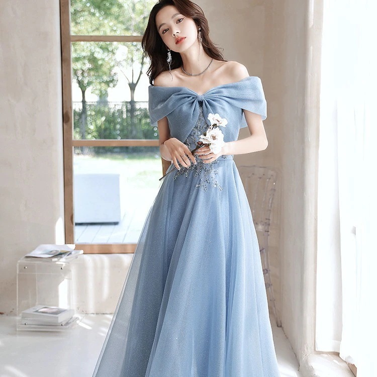 ワンショルダードレス2024夏の宴会気質ホストブルー卒業ドレス