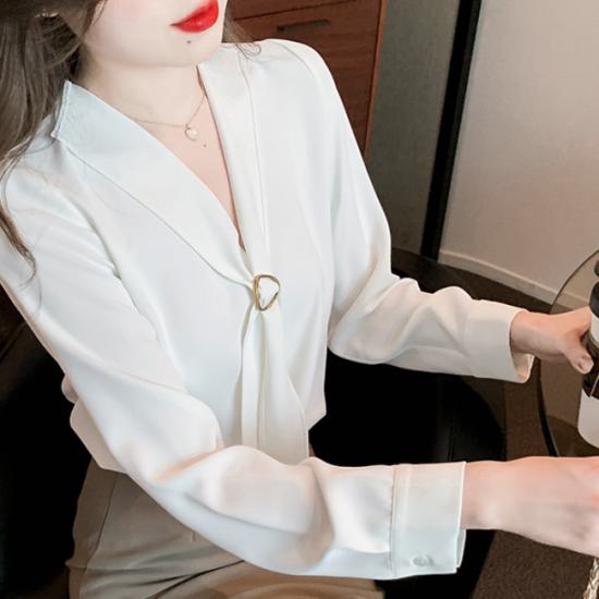 シフォンブラウス シャツ レディース ブラウス 長袖 袖あり シフォンシャツ トップス 春 シンプル 無地 ボウタイ 大きいサイズ XL Vネック ホワイト ルーズ シック 通勤 通学 学生 社会人