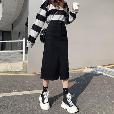 22韓国版ハイウエストオールマッチミドル丈Aラインデニムスリットスカートカジュアル通勤薄手レディ