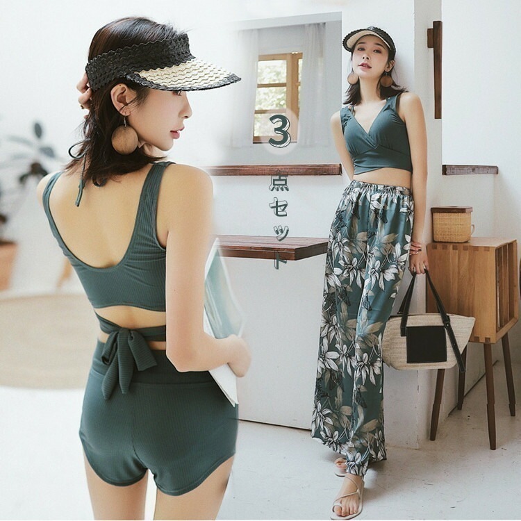 【即納】レディース水着 体型カバー オトナ女子 水着 レディース タンキニ セパレート ボタニカル 韓国 バンドゥ みずぎ 海 プール ビーチ リゾート おしゃれ Vネック ママ水着 バックシャン