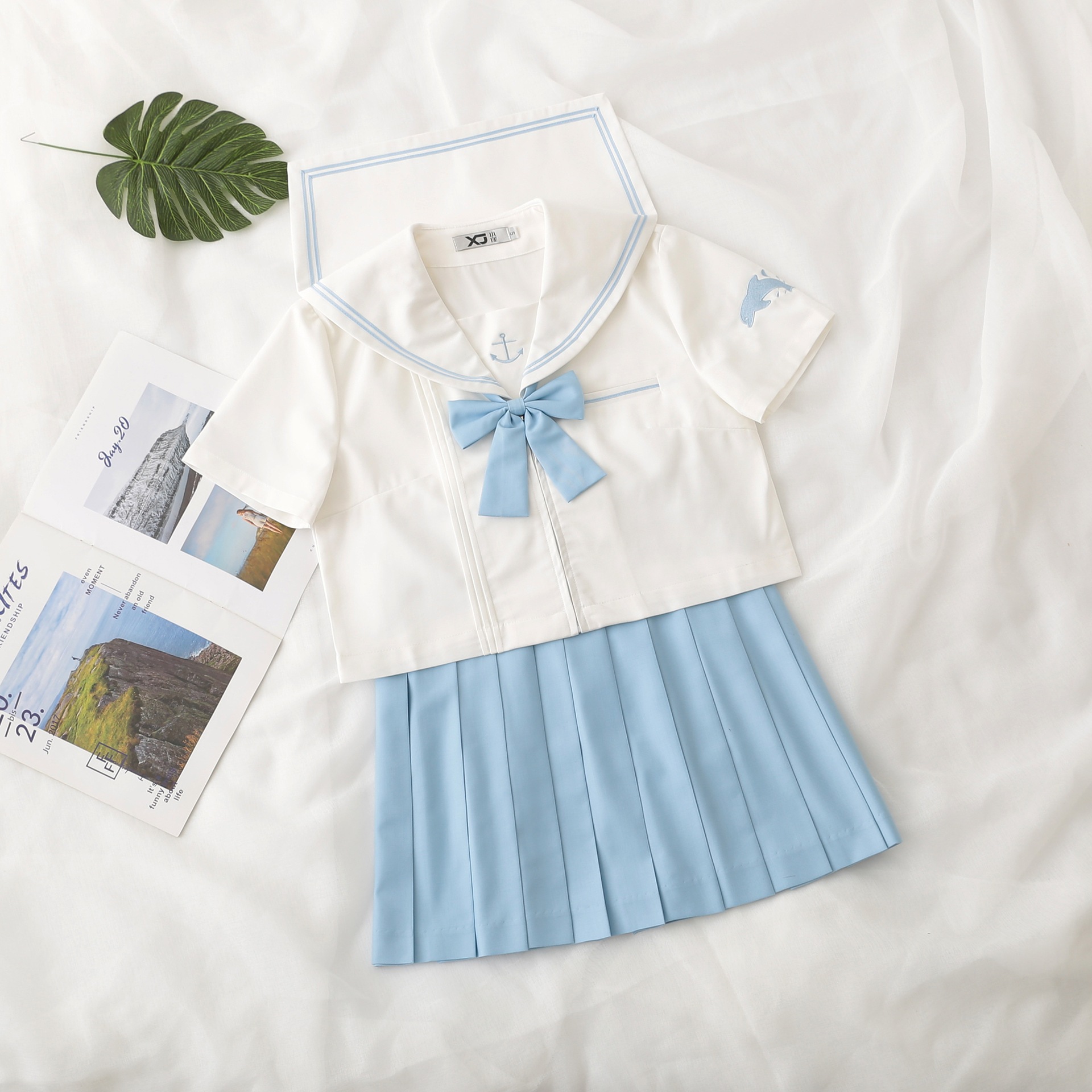 [上着 + ハーフスカート + ボンネット] 少女向けの正規版 カレッジスタイルで甘美な夏用 JK 制服セットスナップスリーブのデザインです