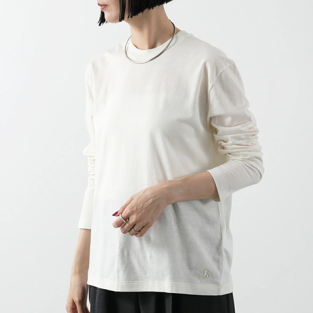JIL SANDER+ ジルサンダー プラス カットソー J40GC0004 J45054 レディース クルーネック 長袖Tシャツ ロンT ロゴ刺繍 カシミヤ コットン 107/NATURAL