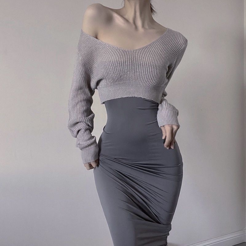 【1つ買うと10つ無料】純粋な欲望スタイル後期マザースカートのせいにフィットするセクシーなニットセーターセットに注意してください 王室の姉妹ユニフォーム