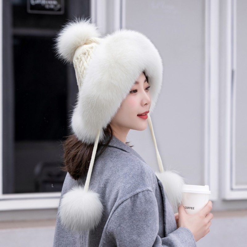 冬の新キツネの毛皮の帽子雷峰帽子ウール甘くてかわいいプラスベルベット暖かい耳保護女性の帽子本物のウール