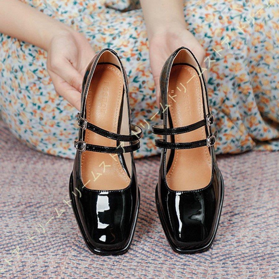 パンプス レディース 靴 太ヒール エナメル ストラップ 歩きやすい パンプス レトロ ロリータパンプス 厚底 パンプス 疲れにくい