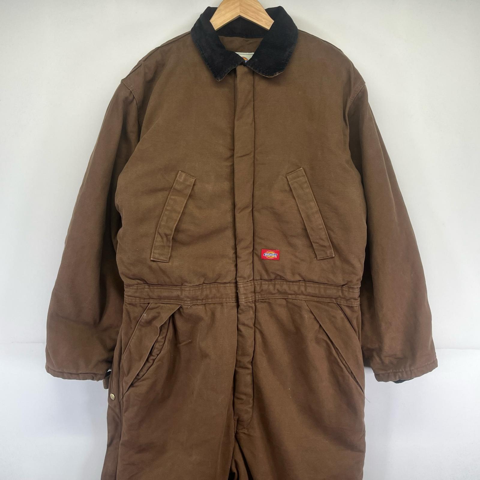 古着 長袖つなぎ ダック オールインワン 中綿 ワーク 大きいサイズ ロング ワンポイントロゴ XL TALL ブラウン メンズ