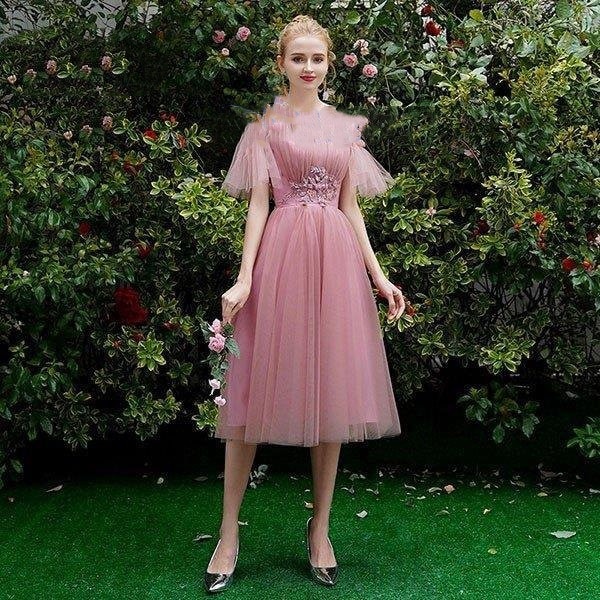 ブライズメイドドレスミモレ丈結婚式二次会花嫁ワンピースパーティドレスピアノ発表会大人演奏会用ドレス演奏会用ドレスノースリーブオフショルダー