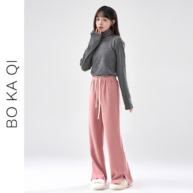 パンツ レディース ボトムス 秋冬 ハイウエスト ストレート ドローストリング カジュアル スリット ワイド レッグ 女性用