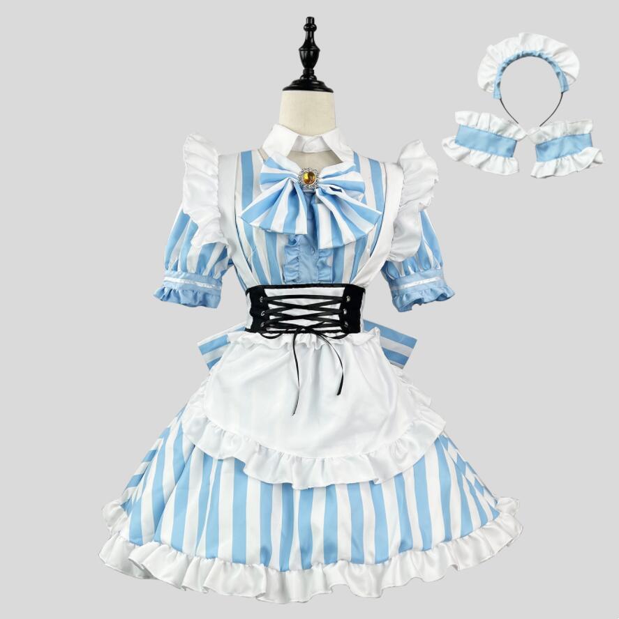 メイド服 膝丈 半袖 メイドワンピース 膝丈メイドコスチューム ストライプ柄 メイド服 コスプレ ロリータ ワンピース メイド喫茶 cosplay エプロン ワンピ ハロウィン イベント 仮装 髪飾り