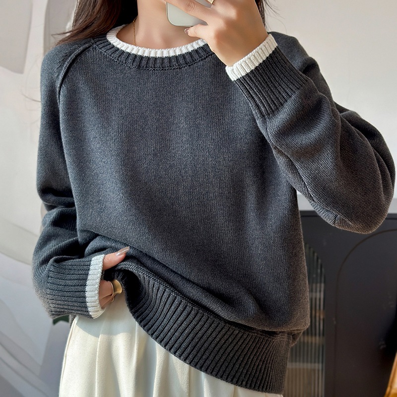 100%ピュアコットン 厚手セーター レディース 2025年秋冬新作 ラウンドネック ゆったりフィット ベースレイヤー インナーニット