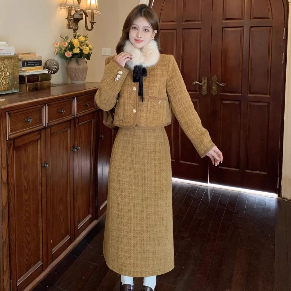 小香風ファッション中綿レディース長袖アウター+半身スカート高級感新しい秋冬2点セット