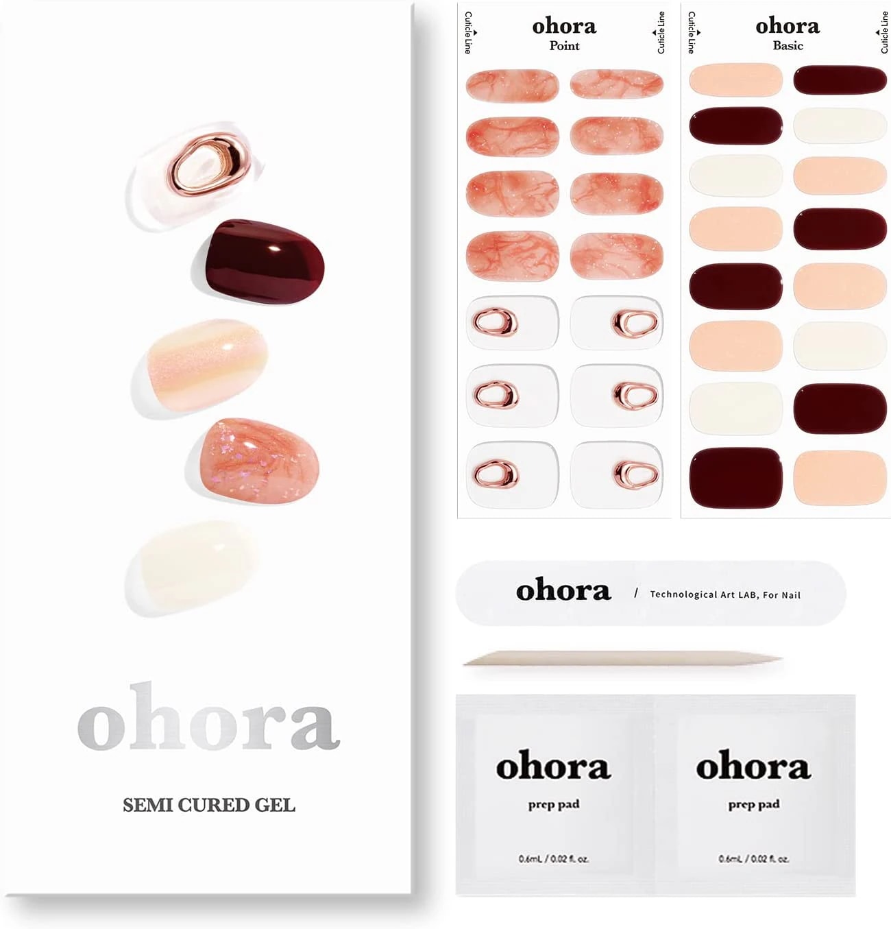 オーホラ半硬化ジェルネイルストリップ(NBlush)-UVネイルランプサロン品質長時間持続可能塗布と取り外しが簡単-予備パッド2個ネイルファイル木製スティック付き