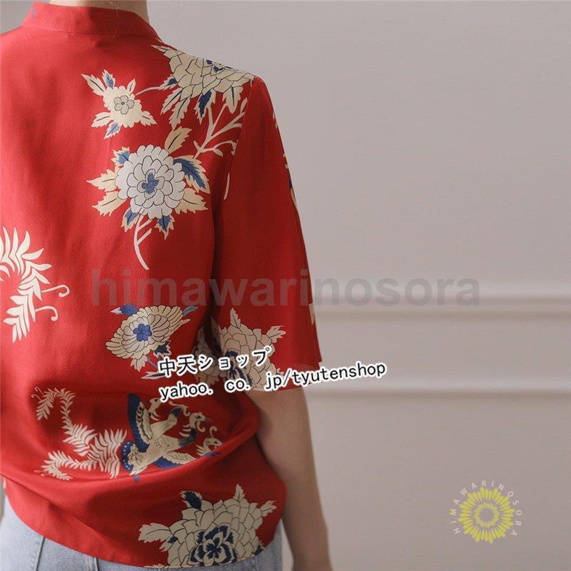 【大好評！最安値挑戦!】【即日発送】ブラウス レディース 夏 半袖 トップス チャイナ風ブラウス シャツ 着痩せ 大きいサイズ お出かけ 旅行 カジュアル 気質 おしゃれ レッド 30代~50代