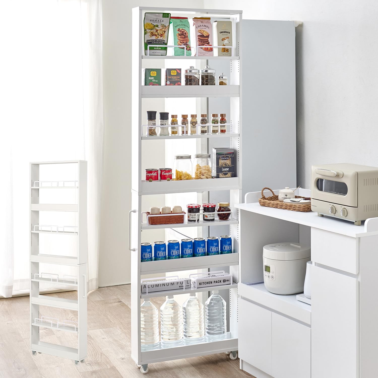 萩原 隙間収納 キッチンワゴン スリム ラック 【 デッドスペース 有効活用 】ハイタイプ 幅 12 奥行 58 高さ181 ホワイト キャスター付き 洗面所 冷蔵庫横 組立品RCC-1535WH