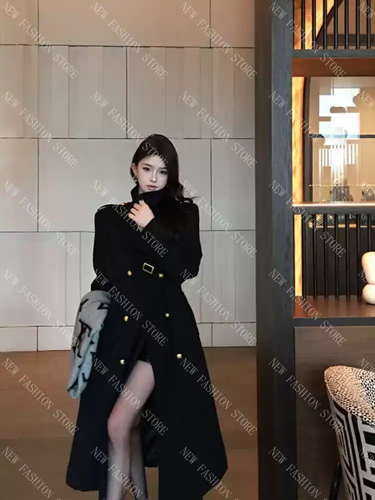 黒の開襟パーカー女性秋冬ミディアム丈ニーコート-24