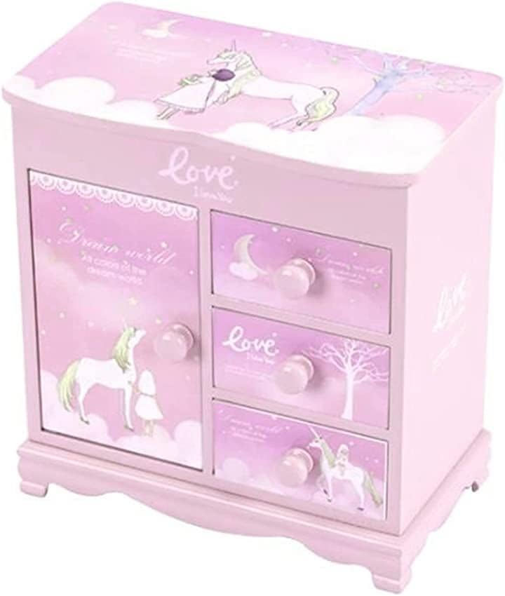 木製 子供用 アクセサリー ケース ジュエリー ボックス 女の子 鏡付き おもちゃ 宝石箱 収納 BOX 宝物 アクセサリー付き(ユニコーン少女 アクセサリー付き)