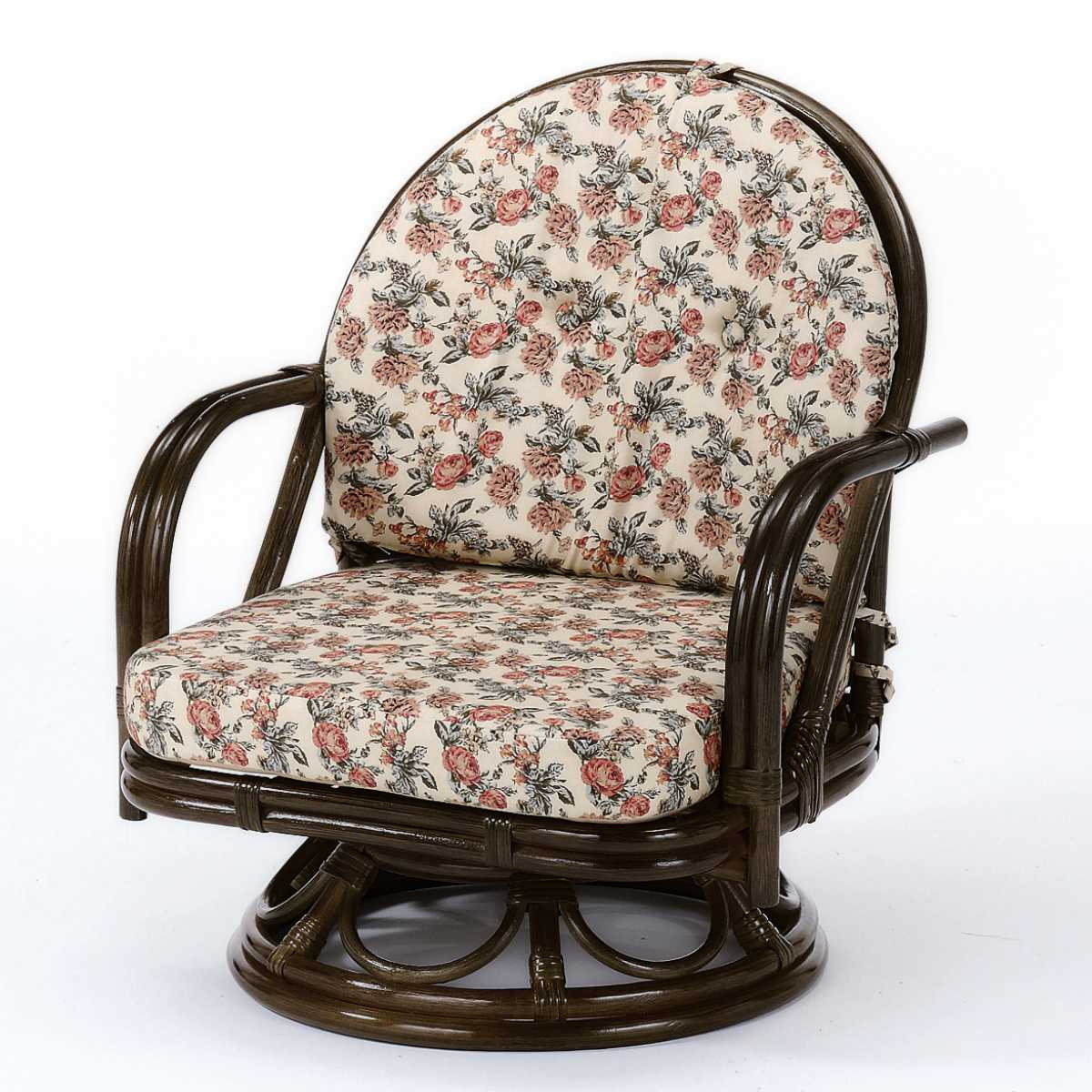 籐 回転座椅子 ラタンチェア ミドルタイプ 座面高26cm 回転式 背もたれ付き 肘付き 肘掛 イス 座いす アジアン 籐家具 花柄 和モダン ラタン リラックスチェア パーソナルチェア 籐回転椅子