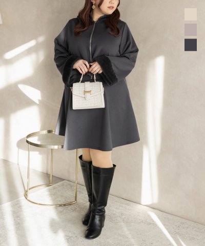 大きいサイズ レディース LL 3L 4L XL XXL XXXL CLETTEオリジナルファー付きジップパーカー&スカートセット