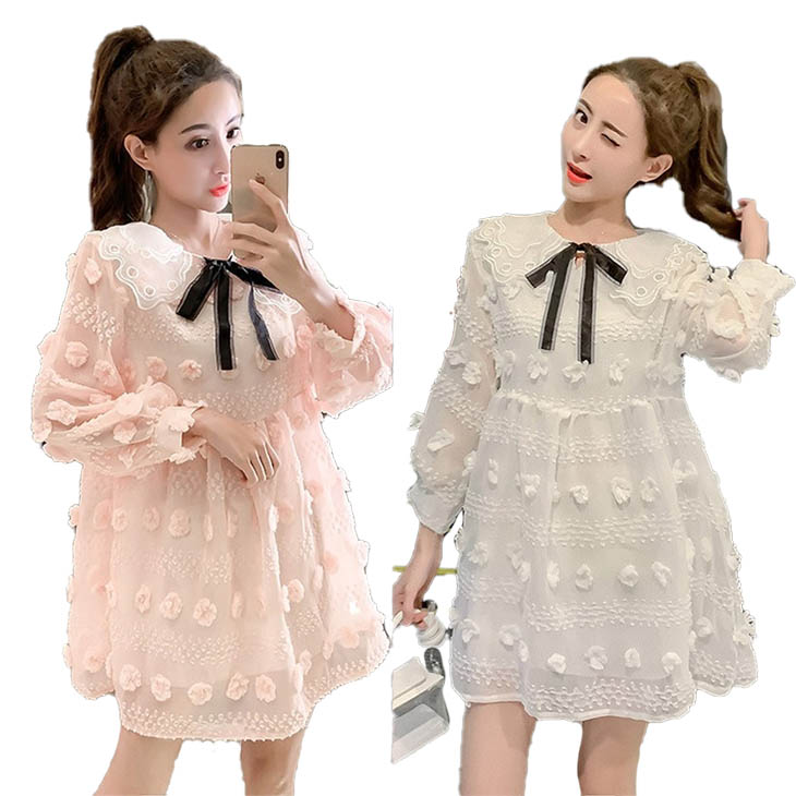 ワンピース 白M即納 ピンク S-XL リボン Aライン フレアスカート 七分袖 長袖 体型カバー チュール yin2019070519-XZ 春服 キレカジ 森ガール シンプル ナチュラル 予約 ガ