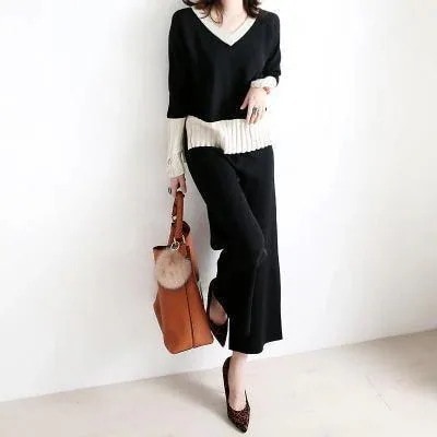 セットアップレディースリブニットセットアップパンツセットアップニット秋冬上下セットニットパンツニットセーターガウチョパンツVネックゆったり30%までに制限