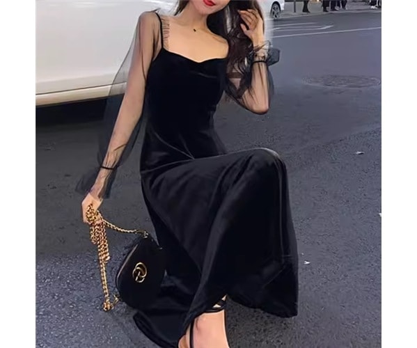 レディース ドレス イブニングドレス パーティードレス ウェディング パーティー 結婚式 二次会 披露宴 ミモレ ロング 長袖 Vネック スリム 細身 切り替えデザイン シアー メッシュ きれいめ 9,533円