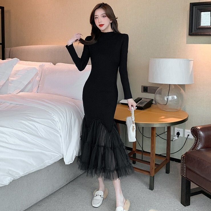 ドレス レディース ワンピース スカート タイトスカート フレアスカート ワンピドレス 膝下 ロング丈 ミディアム丈 長袖 襟なし スリム 透け感 細身 レース フリル ハイウエスト 薄手 かわいい