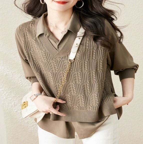 レディース トップス シャツ カットソー プルオーバー 長袖 Vネック ポロカラー 切り替えデザイン ドッキング きれいめ シンプル カジュアル 上品 おしゃれ レトロ こなれ感 ラフ スポーティー