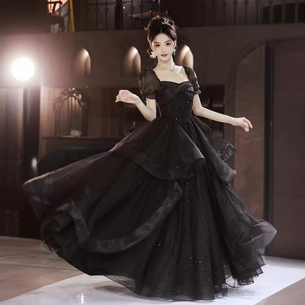 黒のパーティードレススカート女性軽く贅沢な気質長な学生芸考ドレス司会者ポンポンスカート