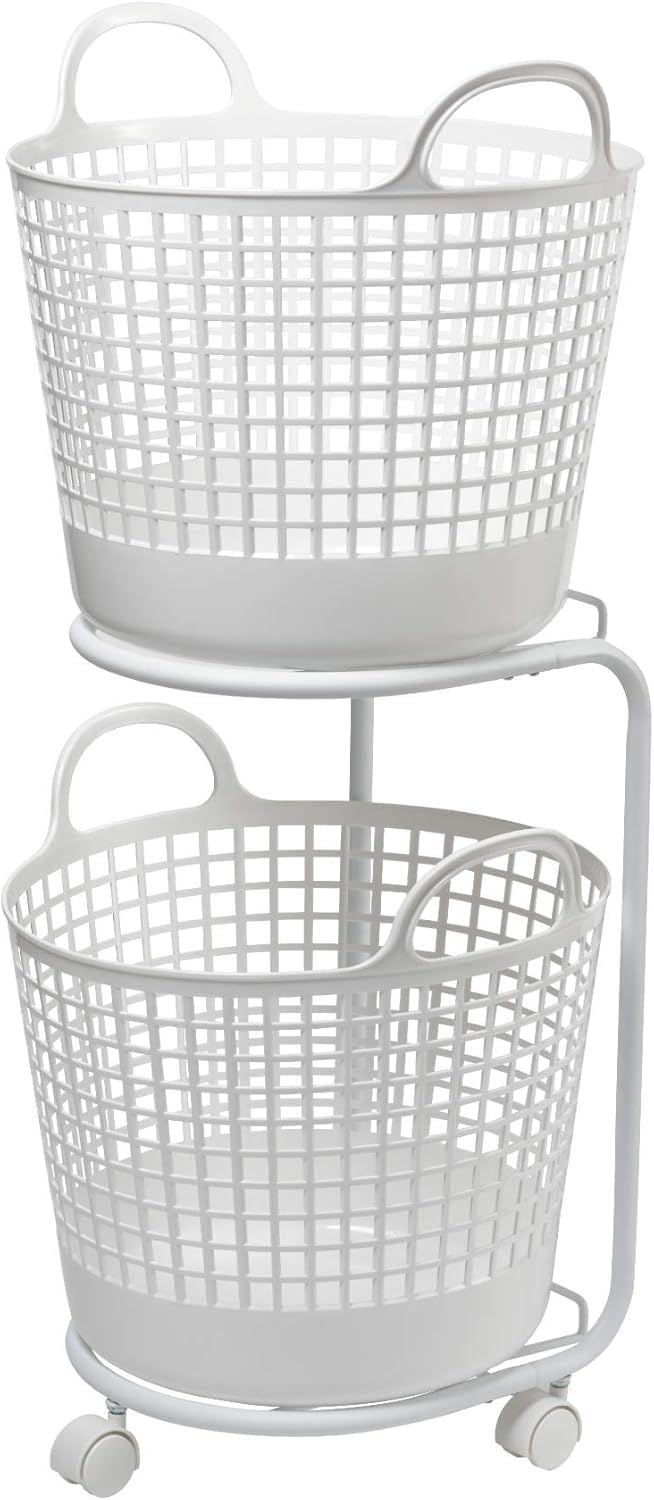 ランドリー 洗濯 収納 ラウンド型バスケット 2段 約幅41×40.5×90.5cm(キャスター含む) ホワイト LW-01L+LBB-01C 2P バイオマスプラスチック約90%使用