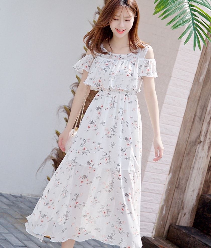 ワンピース デート モテアイテム フレアワンピース ロング丈 オフショルダー シフォン 可愛い きれいめ 上品 おしゃれ かっこいい 可愛い ラブリー キュート ガーリー クール モード系