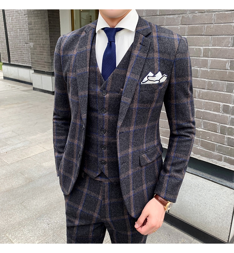 成人式 ネイビー紺スリーピーススーツメンズ秋冬3ピーススーツメンズセットアップスーツスリーピースシングルスーツ総柄ブルーパーティー結婚式チェック スタイリッシュスーツおしゃれ秋冬防寒