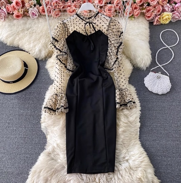 ワンピース 長袖 タイト スマート デザイン トリム 美ライン ニュアンス シフォン リボン レイヤード ドレープ ロマンチック かわいい 大人可愛い きれいめ シンプル カジュアル 大人 上品