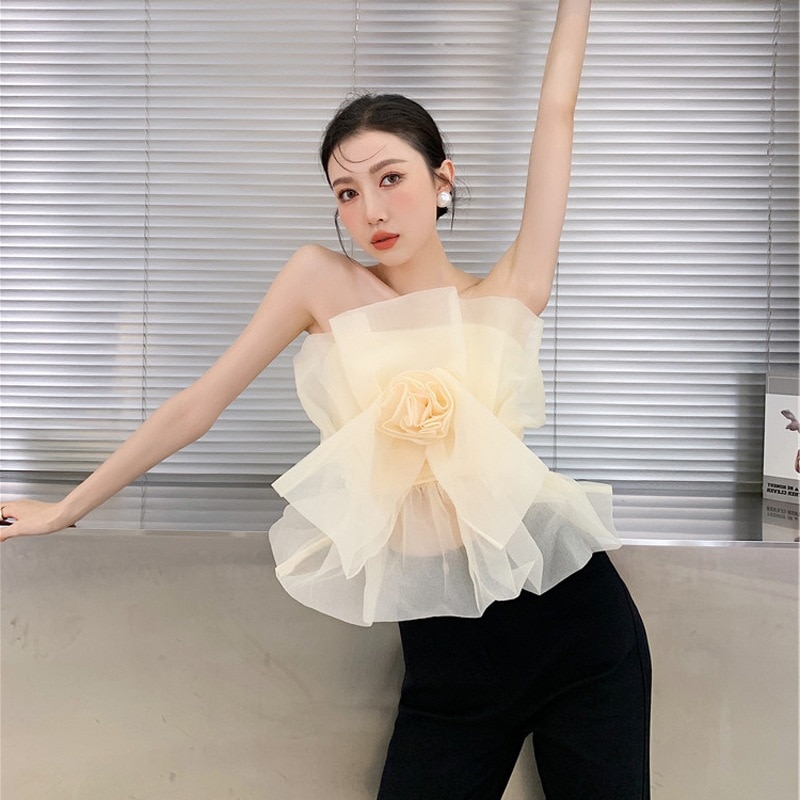 トップス ブラウス 袖なし ノースリーブ スリム タイト チュール シフォン フリル 透け感 かわいい 大人可愛い きれいめ 大人 上品 おしゃれ お洒落 大人女子 こなれ感 ラブリー キュート