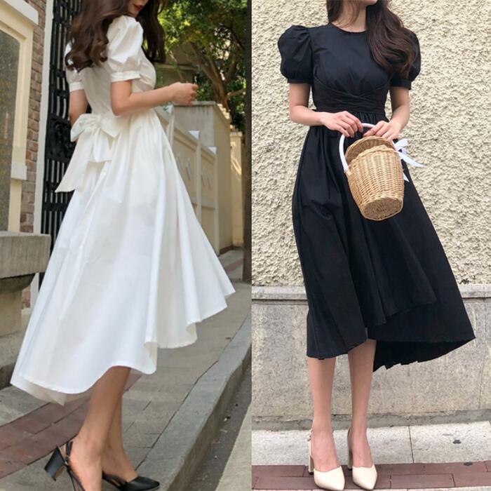 パフスリーブ ワンピース ロングワンピ 袖あり 半袖 レディース きれいめ カジュアル ミモレ丈 おしゃれ 大人 可愛い ドレス リボン イエロー ホワイト 白 ブラック 黒 春 秋 夏 20代 30