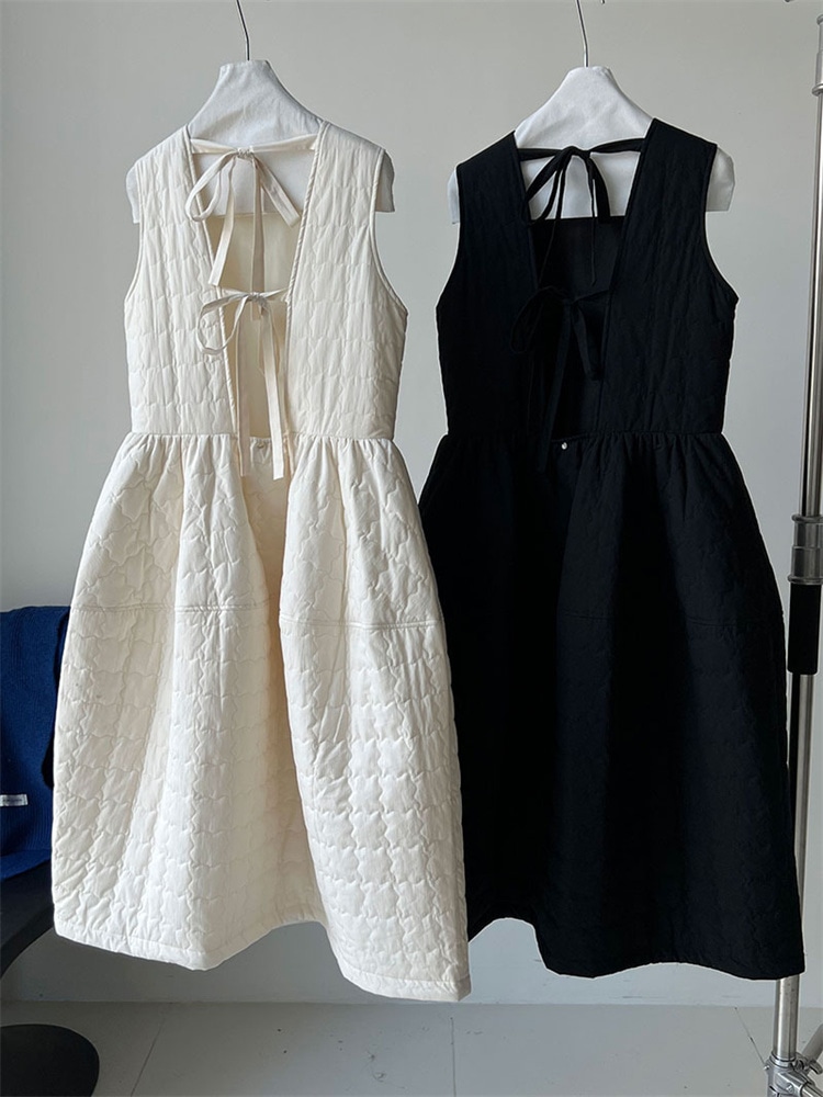 激安セール 無袖のベストドレスで秋冬ファッションを楽しみましょう 厚手綿入りでしっかり保温 ゆったりフィットが一日中快適 丸首にリボン付き 簡単にコーディネート可能 ロング丈でエレガントな印象