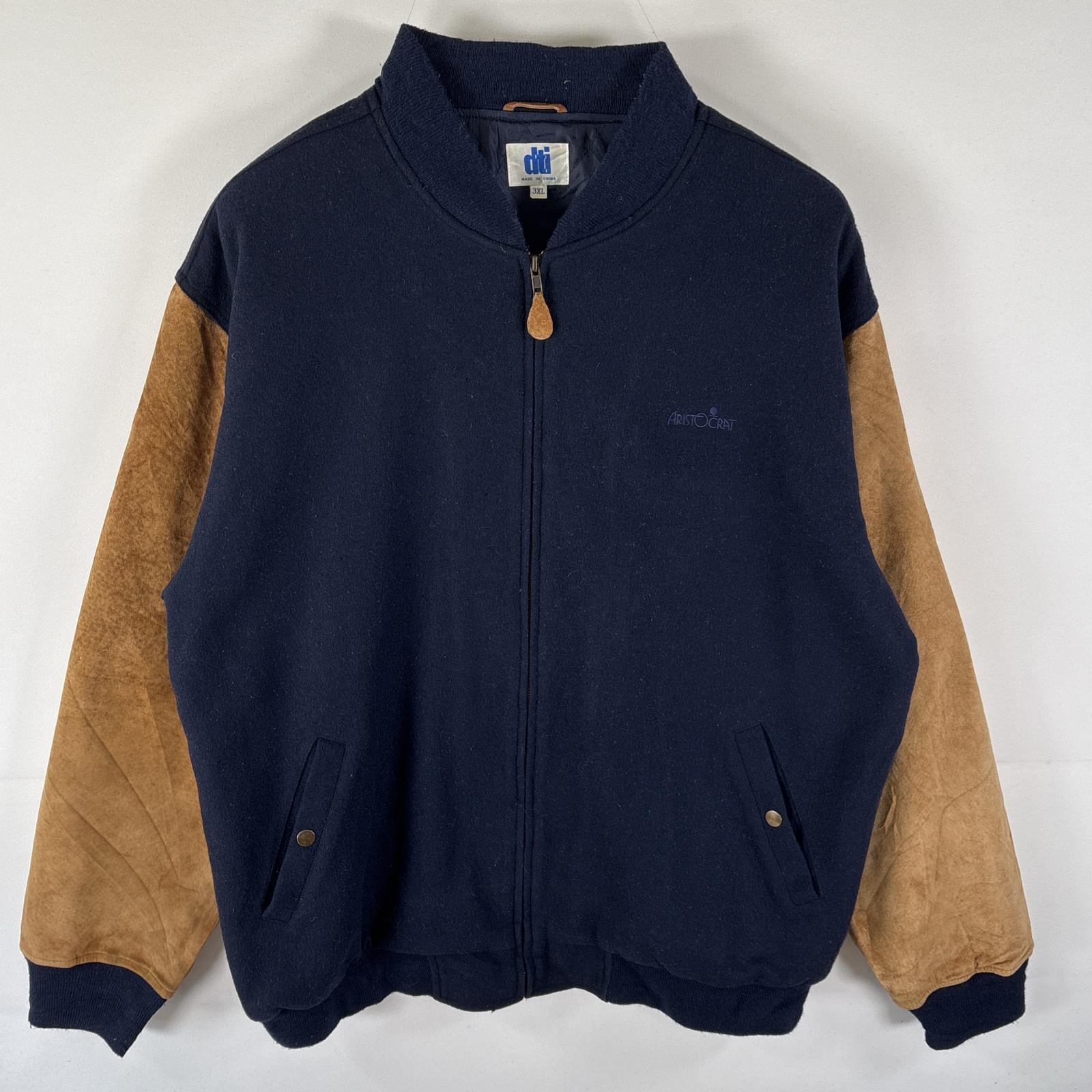 古着 dti スタジャン ブルゾン 袖口レザー 中地キルティング ワンポイント刺繍 大きいサイズ XXXL ネイビー メンズ
