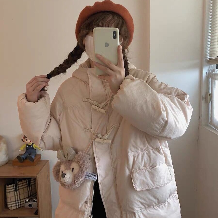 ミドル丈フード付きダウンジャケットレディース2025年新作高級冬物暖かいゆったりホーンボタンホワイトダックダウンジャケット