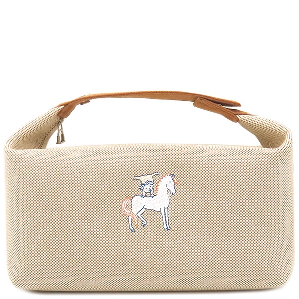 エルメス HERMES ポーチ ブリッド ア ブラック カブリオル GM トワルアッシュ ビスキュイ シルバー金具 トワルH ハンドバッグ バニティバッグ 【中古】