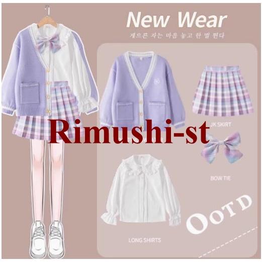 【短納期】子供服 女の子 セットアップ ニットカーディガン 長袖シャツ スカート 3点セット シャツ リボン付き 可愛い プリーツスカート Aライン セーター ガールズ 長袖