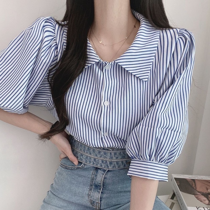 シャツ ブラウス カットソー レディース ５分袖 パフスリーブ 襟付き かわいい 大人可愛い きれいめ シンプル カジュアル ストライプ ママ 学生 デート フリーサイズ ブルー　ブラック トップス