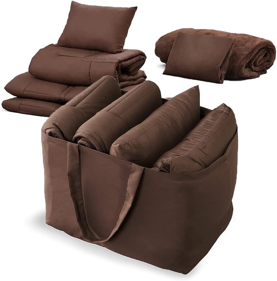 アイリスオーヤマ 布団セット 毛布付き5点セット 収納バッグ付 車中泊・アウトドアにも セミシングル KFS-C5S ブラウン