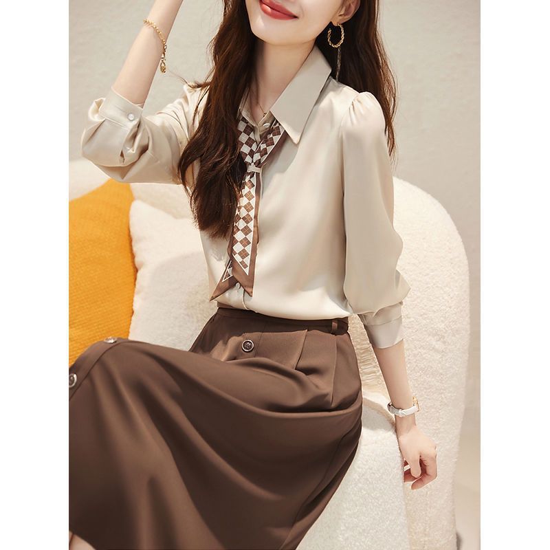 春新入荷 フレンチシャツ スカート2点セット ネックタイ付きシャツ レジャー用セット 女性用