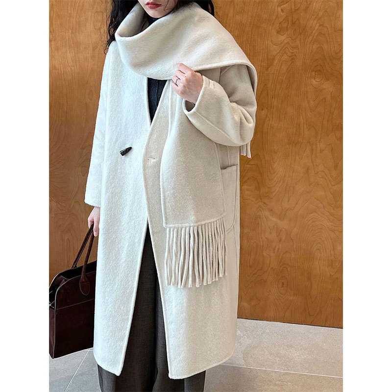 韓国の2025年新作冬スタイルホーンボタン両面ウールコートスカーフ付き女性用ウールコート5056