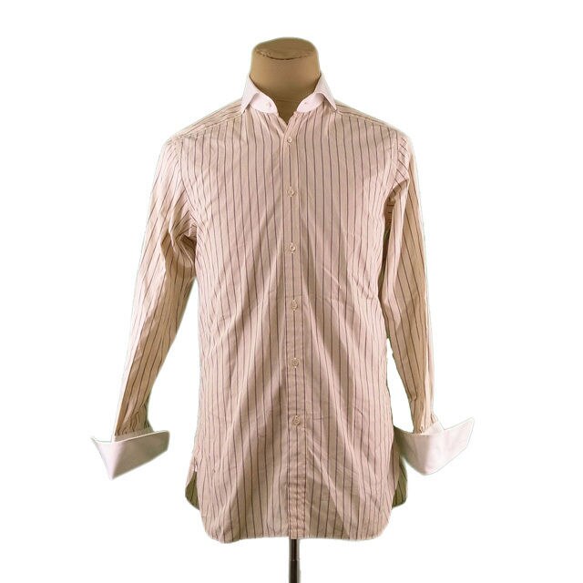 シャツ 長袖 ストライプ ダブルカフス ベージュ ブラウン ホワイト 中古