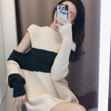 オフショルセーター ホワイト トップス ニットソー セーター スリム 細身 ストレート スマート