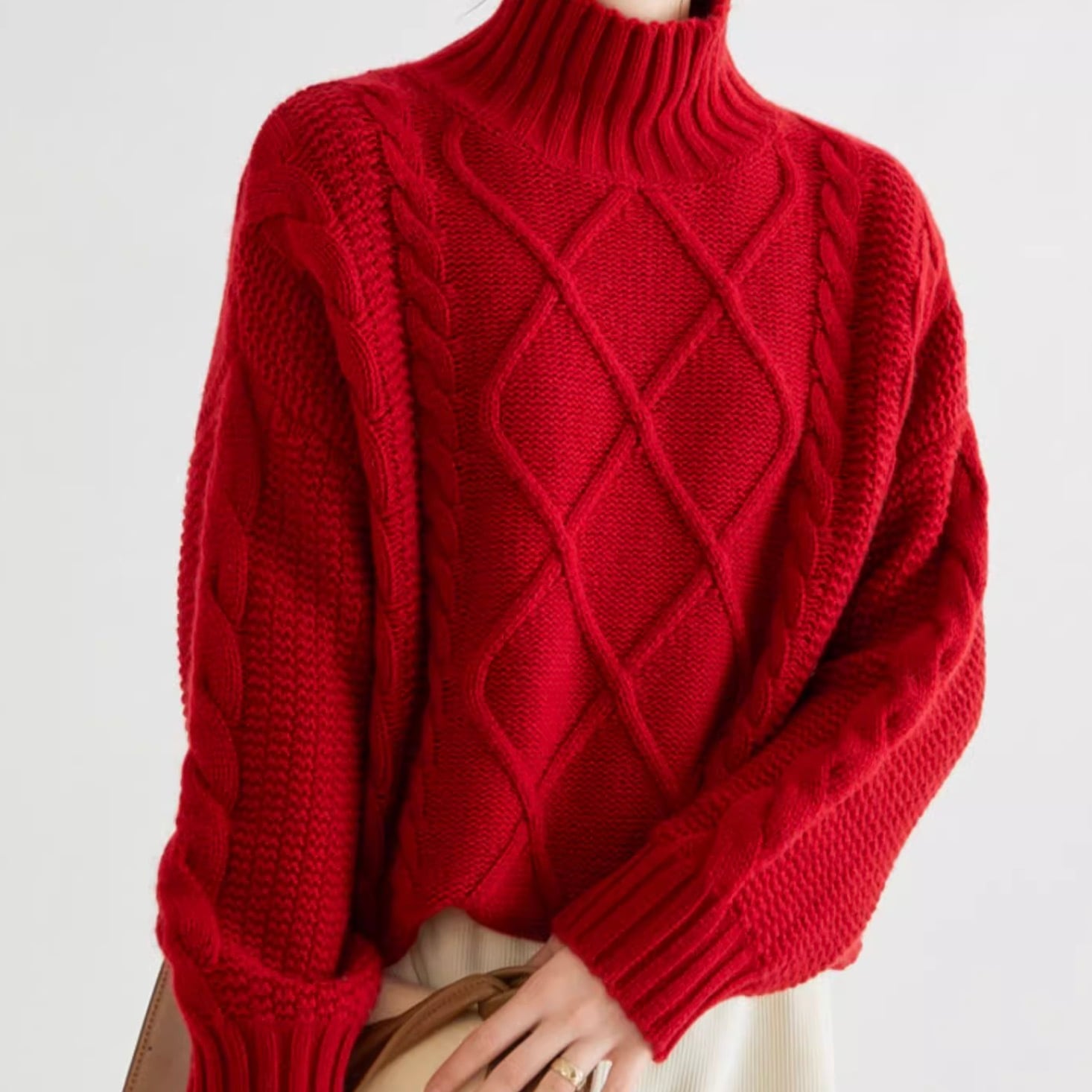 レディース トップス カットソー ニット セーター デート ミディアム丈 袖あり 長袖 ボリューム袖 萌袖 襟なし ハイネック ワイド 切り替えデザイン スマート 編み込み ニット ウール 厚手